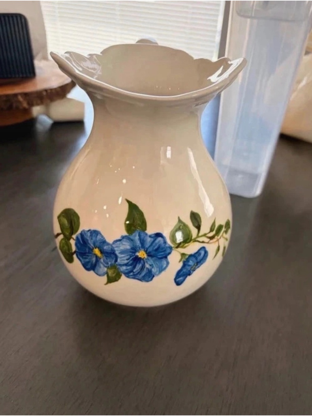 Hand-Painted Blue Floral Ceramic Pitcher - White